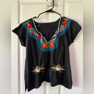 Black Embroidered V-Neck Women's Top - Floral Detail